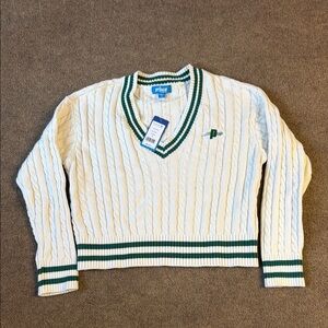 PRINCE New Pickleball VNeck Cable Knit Ivory Green Pullover Sweater SZ S NWT